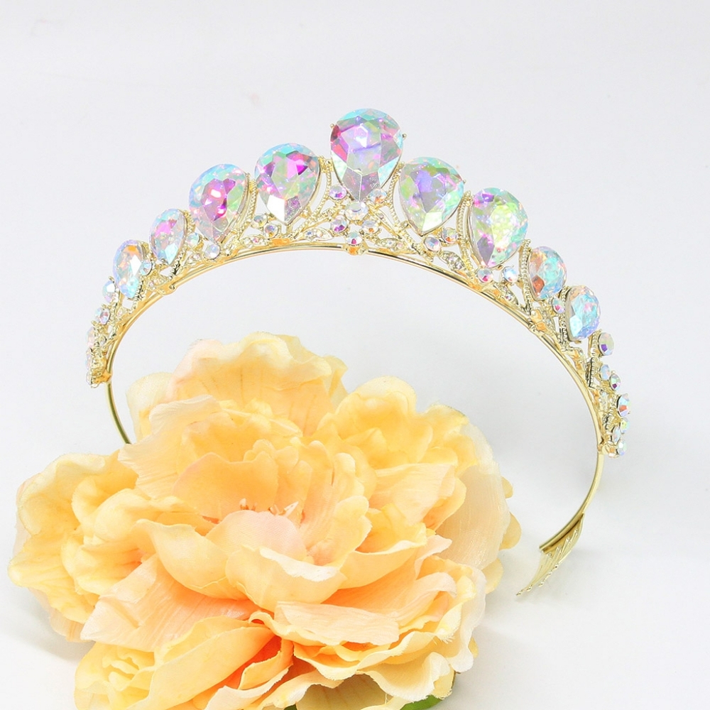 Gold Abalone Crystal Princess Teardrop Rhinestone Tiara Crown Glass